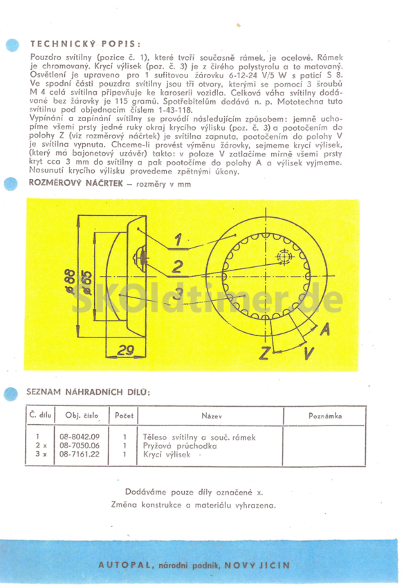 Original Datenblatt AUTOPAL Decken-/Motorleuchte